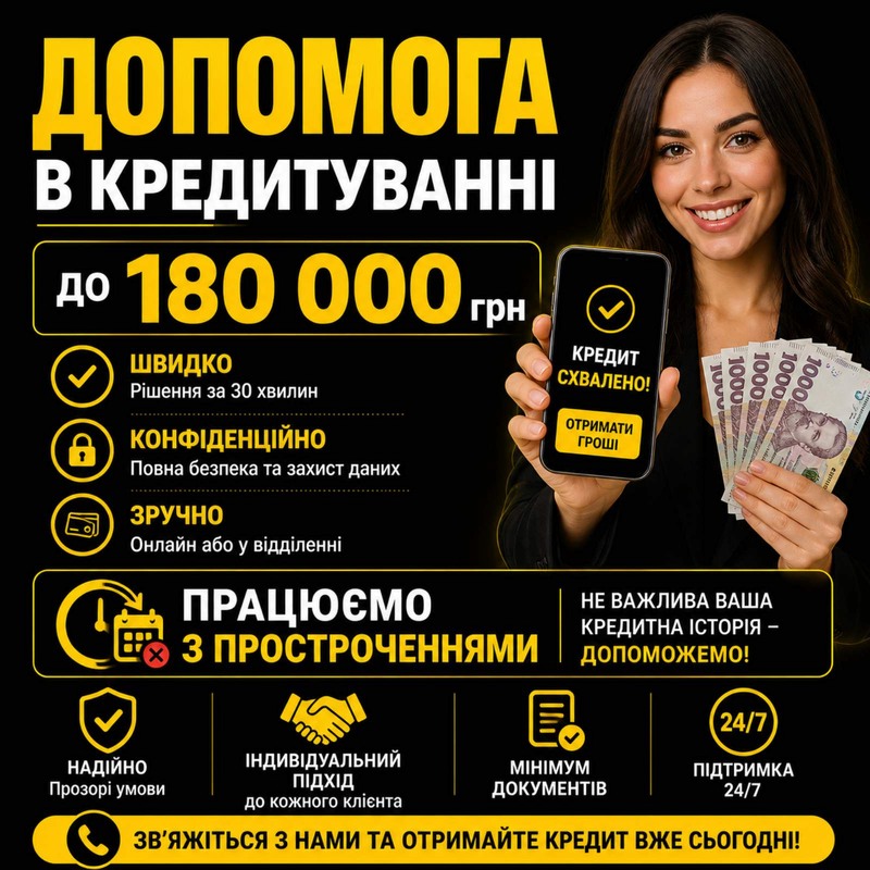 Кредит до 180 000 грн навіть із поганою історією. Надам послугу